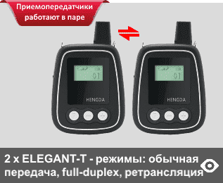ELEGANT-T приемопередатчики 2 шт в комплекте. Устройство обеспечивают: полную дуплексную связь в паре, трансляцию 2-х спикеров в приемники «ELEGANT» и функционал ретрансляции. Рабочий диапазон 863-865 МГц
