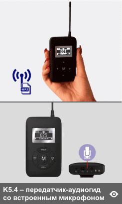 K5.4 - компактный передатчик-аудиогид ★ диапазона 863-865 МГц для трансляции в приемники участников группы голоса или записанных в память устройства аудио фрагментов