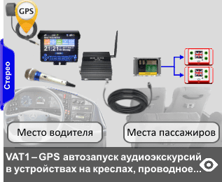 GPS автоматическая экскурсионная система для транспорта для воспроизведения аудиоэкскурсий на нескольких, либо на одном языке через устройства  экскурсантов, которые стационарно установлены на их креслах. Устройства экскурсантов подключаются через проложенную в салоне локальную сеть