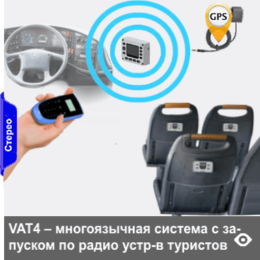VAT4 - GPS-Glonass/RFID автоматическая транспортная экскурсионная система  многоязычного контента в аудиогидах смонтированных на креслах туристов. Питание устройств от бортовой электросети, для аудиогидов туристов опционально возможно питание от встроенной АКБ