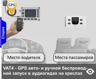 GPS/GLONASS транспортная экскурсионная система с автоматическим и ручным (пультом управления) запуском по беспроводному сигналу аудиоэкскурсий на одном или нескольких языках в аудиогидах, которые стационарно установленны на креслах экскурсантов. Питание устройств от бортовой сети. Одна из модификаций аудиогидов имеет подзаряжаемую встроенную АКБ